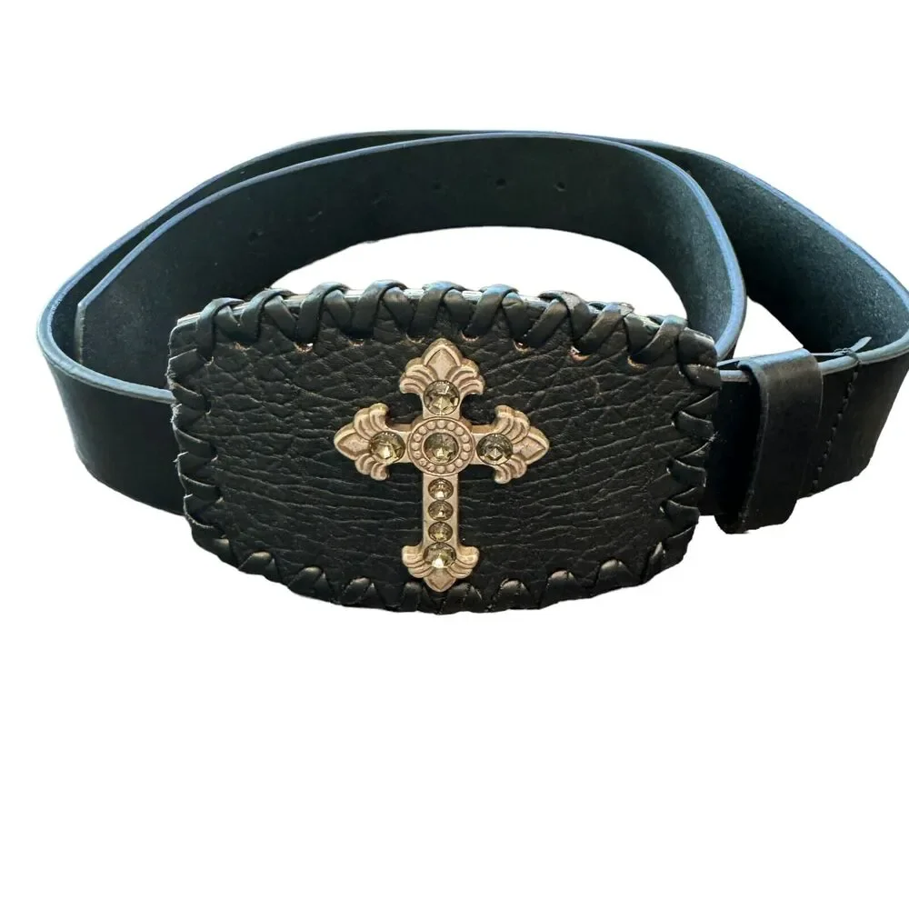 Vintage Y2K Black Leather Cross Belt Rhinestones Unisex Large 36-38
